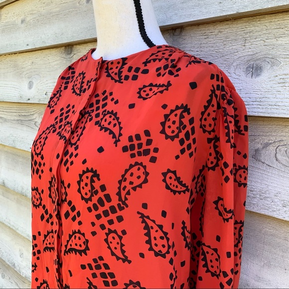 Vintage 80s Orange Block Paisley Print Long Puff Sleeve Button Down Popover Top - Picture 5 of 16